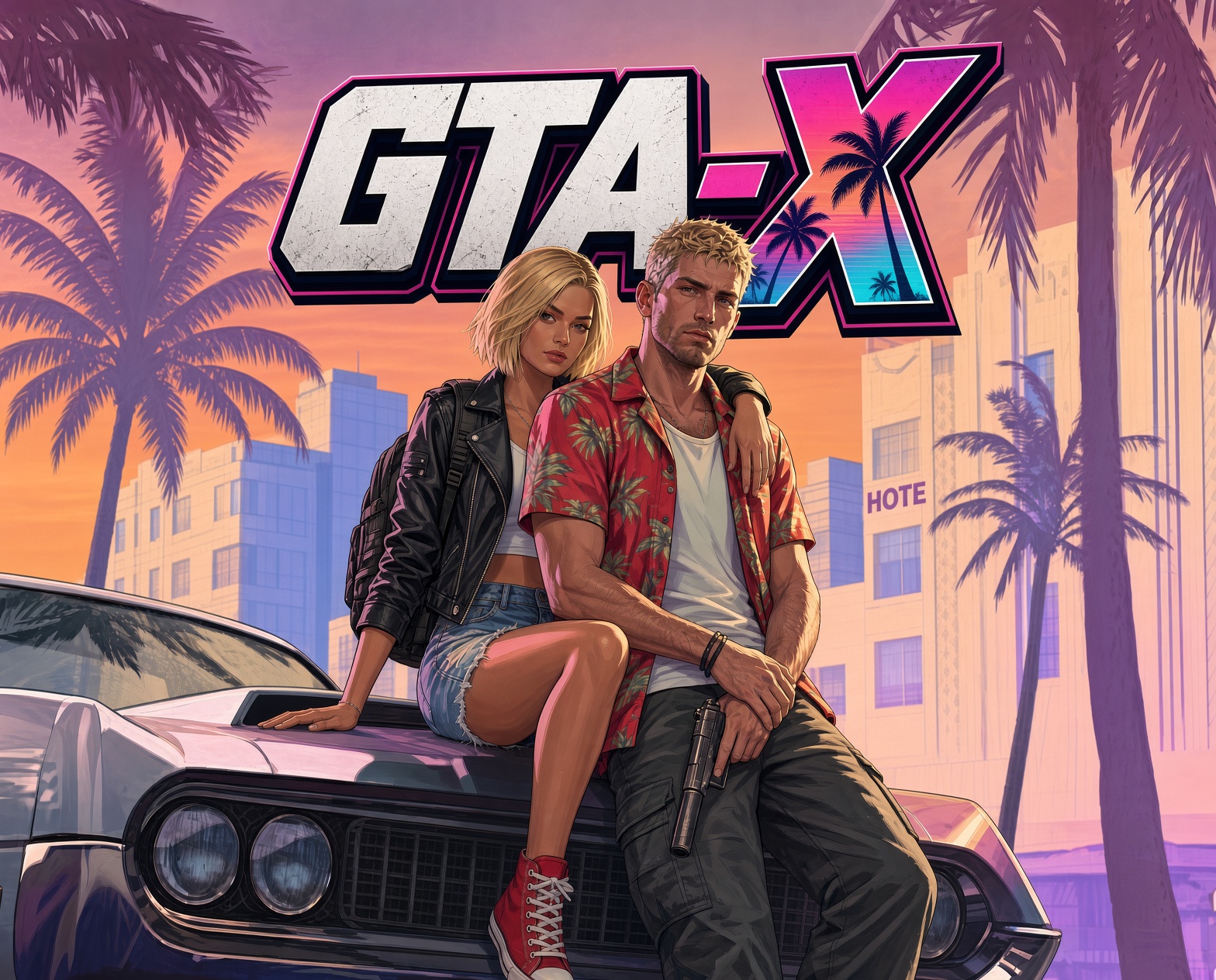 Grand Tax Auto $GTA-X key art — neon Miami sunset, muscle car and crew